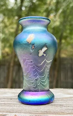 Blue Aurene Art Glass Millefiori Bird And Stars Decorated Miniature Vase • $236