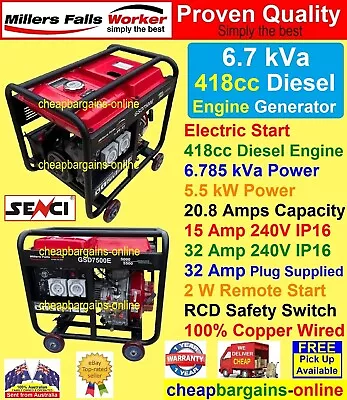 6.7kVa SENCI DIESEL GENERATOR ELECTRIC START 15 Amp + 32 Amp 240V OUTLETS AVR HD • $1612.99