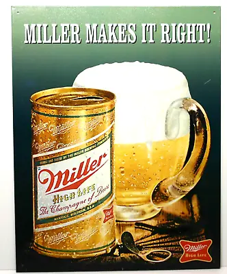 Vintage Tin Sign Miller Makes It Right 12 1/2  X 16  See Scratch Bottom Right • $14.99