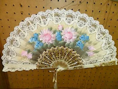 Vintage White Large Cloth And Lace Flower Fan • $24.99