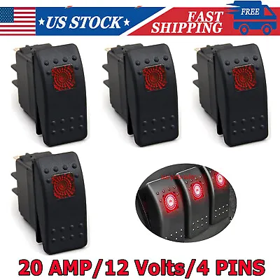 4x Rocker Switch 12v 20 Amp Waterproof On/Off Boat Marine SPST 4P-Red LED Light • $14.55