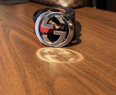 Authentic GUCCI Blue/Red Web Canvas BELTBlack Leather Silver G Buckle 105/38-42 • $175