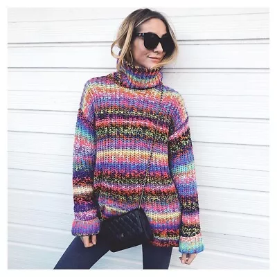 Rainbow Knit Colourful Chunky Knit Roll Neck Jumper Hippy 10/12/14 Used Vgc • £26