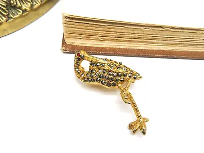 Vintage Gold Tone Gray Rhinestone Flamingo Brooch - Needs Stones MM8 • $10.19