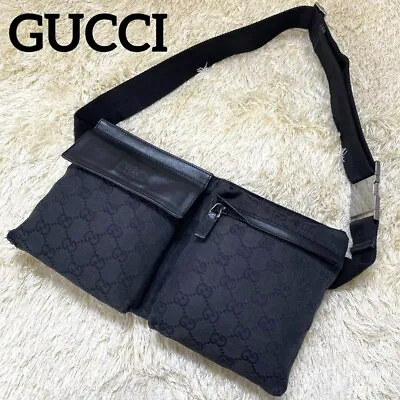 GUCCI GG Canvas Waist Pouch Shoulder Bum Bag Belt Bag Black Leather • $216