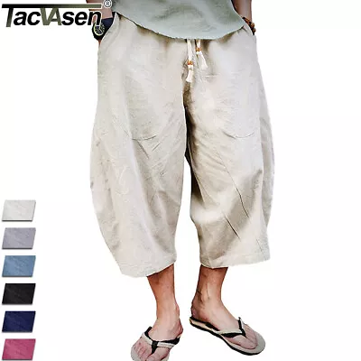 Men's Cotton Linen Shorts Baggy Drawstring Athletic Running Sport Yoga Pants US • $23.73