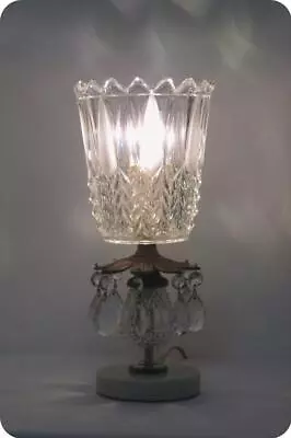 Vtg Hollywood Regency Tulip Table Lamp Glass Shade W Brass Marble Base & Prisms • $75