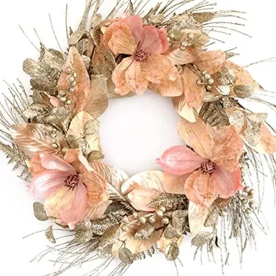  18 Inch Winter And Christmas Magnolia Flowers Gold Glitter Wreath For Home  • $45.37