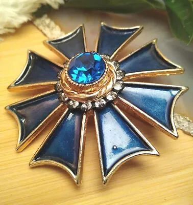 HAR Blue Enamel Maltese Cross Style Rhinestone Signed Brooch Pin 2.25  VTG! • $65