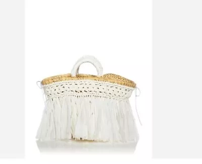 CATERINA Bertini Fringe Straw Mini Tote Bag  Dust Bag --  WHITE • $65