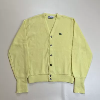 Vintage Izod Lacoste Sweater Mens Medium Cardigan Acrylic V Neck Yellow Grandpa • $25.50