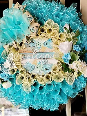 Spring Summer Deco Mesh Wreath Teal White Floral Handmade • $56