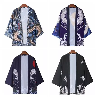 Men Japanese Kimono Bathrobe Yukata Outwear Flying Crane Dragon Open Front Coat • £20.39