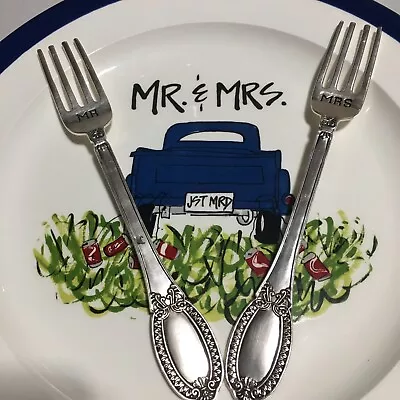 Farmhouse Mr And Mrs Wedding Gift Plate And Silverware (Fork And Spoon). • $11.50