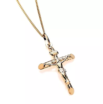 9ct Yellow Gold On Silver Patterned Crucifix Cross Pendant + Chain 16 18 20 Inch • £17.95