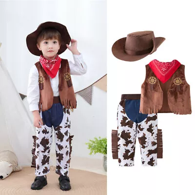 4Pcs Kid Boys Halloween Cowboy Costume Cosplay Vest+Pants Event Dress Up Outfits • £13.99