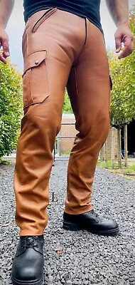 Men's Real Cowhide Leather Cargo Pants Tan Leather Bikers Cargo Pants • $120