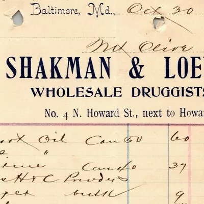 1899 Letterhead Billhead Shakman & Loewy Druggists Baltimore - Ephraim Baker*  • $22.99