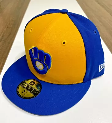 Mens New Era Milwaukee Brewers Blue Yellow Fitted 7 7/8 59FIFTY Snapback Hat Cap • $21.24