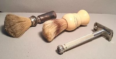 Lot Of 3 Vintage Shaving Items ~ 2 Brushes ~ 1 Safety Razor. • $22.40