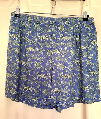WHITE STUFF Linen Shorts Womens UK 18 Blue Yellow Tigers Palms Pattern Pockets • £14.99