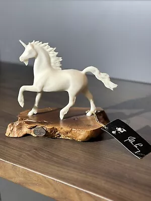 John Perry Art Unicorn White Burl Wood Sculpture Figurine Pony Vintage Tags • $19.99