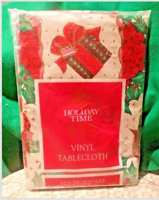 Vintage Holiday Time Vinyl Tablecloth52  X 52  Christmas Gifts & Holly Leaves • $16.99