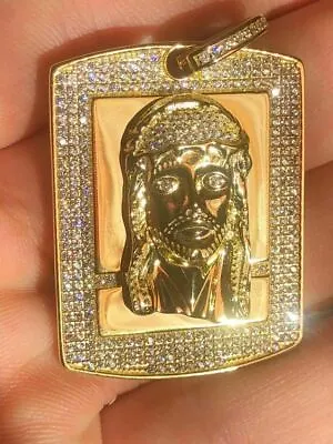 $63.98 • Buy Mens Dog Tag Jesus Piece 1ct CZ 14k Gold Plated 925 Sterling Silver