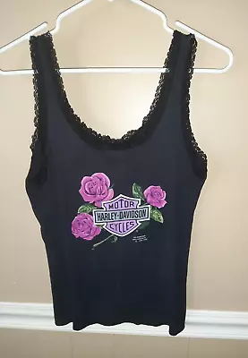 3D Emblem Black Vintage 1991 HARLEY DAVIDSON Lace Tank Top  Outlaw Biker L ROSES • $237.77