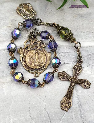 Lourdes Therese Purple Swarovski Crystal Green Amber Vintage Bronze Chaplet • $79