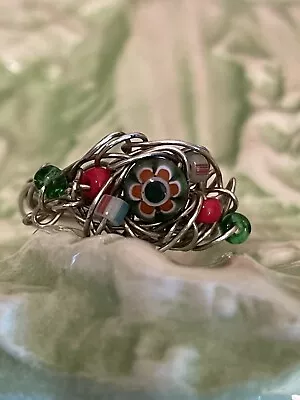 Vintage Millefiori Bead Sterling Silver Wire Wrap Ring SZ 6 • $39.99