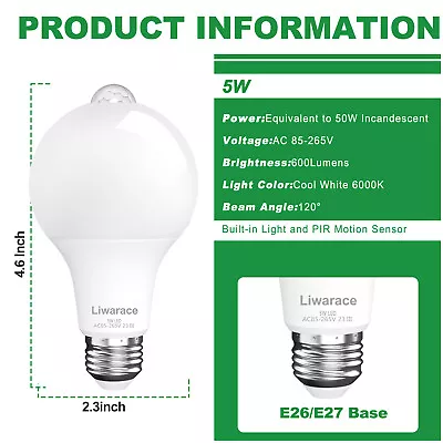 Motion Sensor Light Bulb Eq. 50W 90W 120W 150W E26/27 Dusk To Dawn In/Outdoor US • $8.95