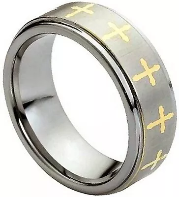 8mm Tungsten Carbide Gold Plated Cross Stepped Edge Satin Wedding Band Ring • $33.60