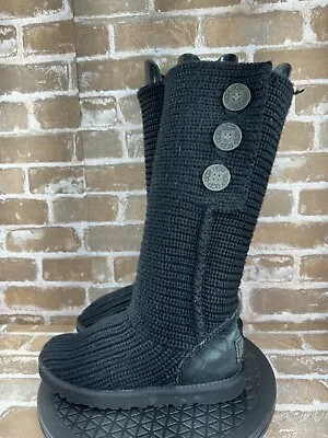 UGG Classic Black Cardy Tall Fold Over Knit Boots Button 5819 Womens Size 6 • $18.95