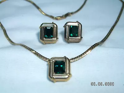 Vintage KREMENTZ...Gold Tone Emerald Green Crystal Necklace & Pierced Earrings • $29.97