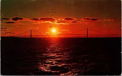 Mackinac Straits Bridge Mackinaw City St Ignace Michigan Sunset Chrome Postcard • $2.75