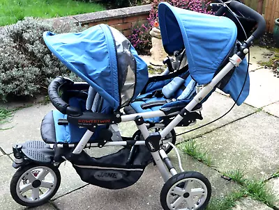 Jane PowerTwin 360 All Terrain Double Tandem Pushchair With  Raincover VGC. • £79.99