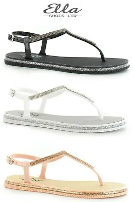 £10.99 • Buy Ladies Womens New Ella Toe Post Sandals Diamante Sparkly Ankle Strap Size 3 - 8