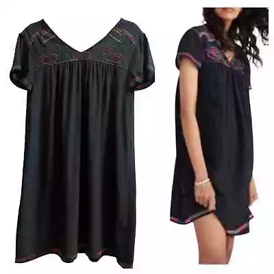 Madewell Black Embroidered Silk V Neck Dress Size Medium Style F6171 • $25