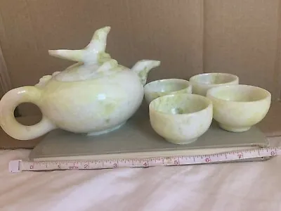 Chinese Vintage Jade Carved Tea Pot And Cups.Very Good Conditions. • $70