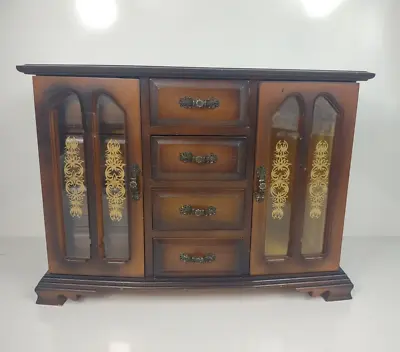 Vintage Wooden Jewelry Box Taiwan Large Velvet Lined Armoire Dresser Chest Vtg • $49.99