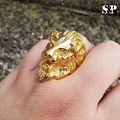 $15.99 • Buy Mens 18k Gold Plated Stainless Steel Lion Head Size 8-12 Pinky Ring