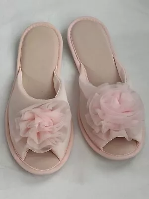 Vintage Majestiques Pink Nylon Rosette Peep Toe House Shoe Bedroom Slippers 8½-9 • $29.99