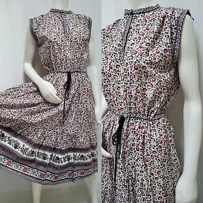 Vintage 1970s Gray & Red Cotton Floral Indian Block Print Tiered Dress - Size M • $67.50