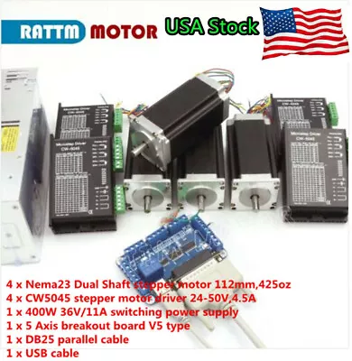 USA：4 Axis NEMA 23 Dual Shaft Stepper Motor 425oz-in 112mm+CW5045 Driver CNC Kit • $402.52