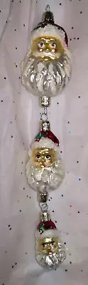 Vintage Christmas 3 Santa Heads 9 3/4  Glass Tree Ornament With Glitter • $16.99