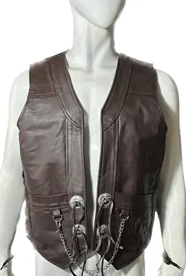 Mens Brown Original Cow Leather Vest Chain Concho Motorcycle Biker Waistcoat New • $84.99