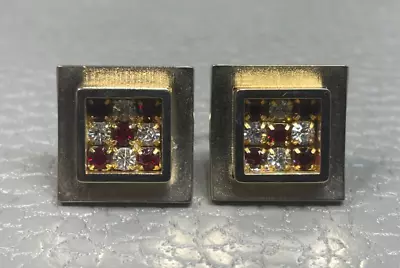 Vintage Red Stone And Faux Diamond Yellow Gold Plated Cuff Links • $19.95