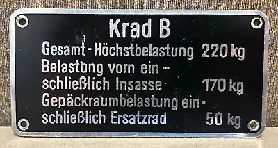 BMW German Krad B R12 R75 Motorcycle Sidecar Nameplate • $19.95