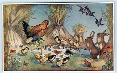 MOLLY BRETT Anthropomorphic  HARVEST PICNIC  Bunnies & Chicks Medici Postcard • $6.78